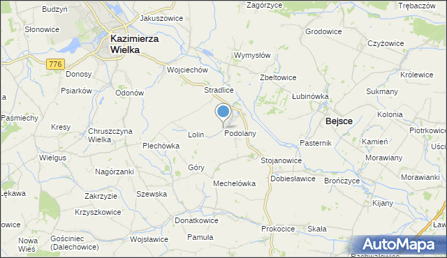 mapa Podolany, Podolany gmina Kazimierza Wielka na mapie Targeo